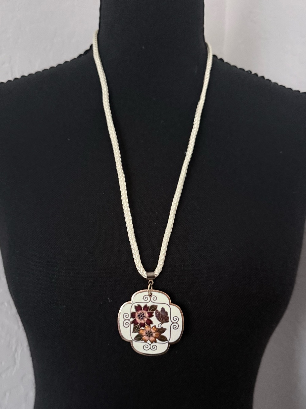 Vintage 1970s Cloisonné Floral Butterfly Pendant Necklace Ivory Cord